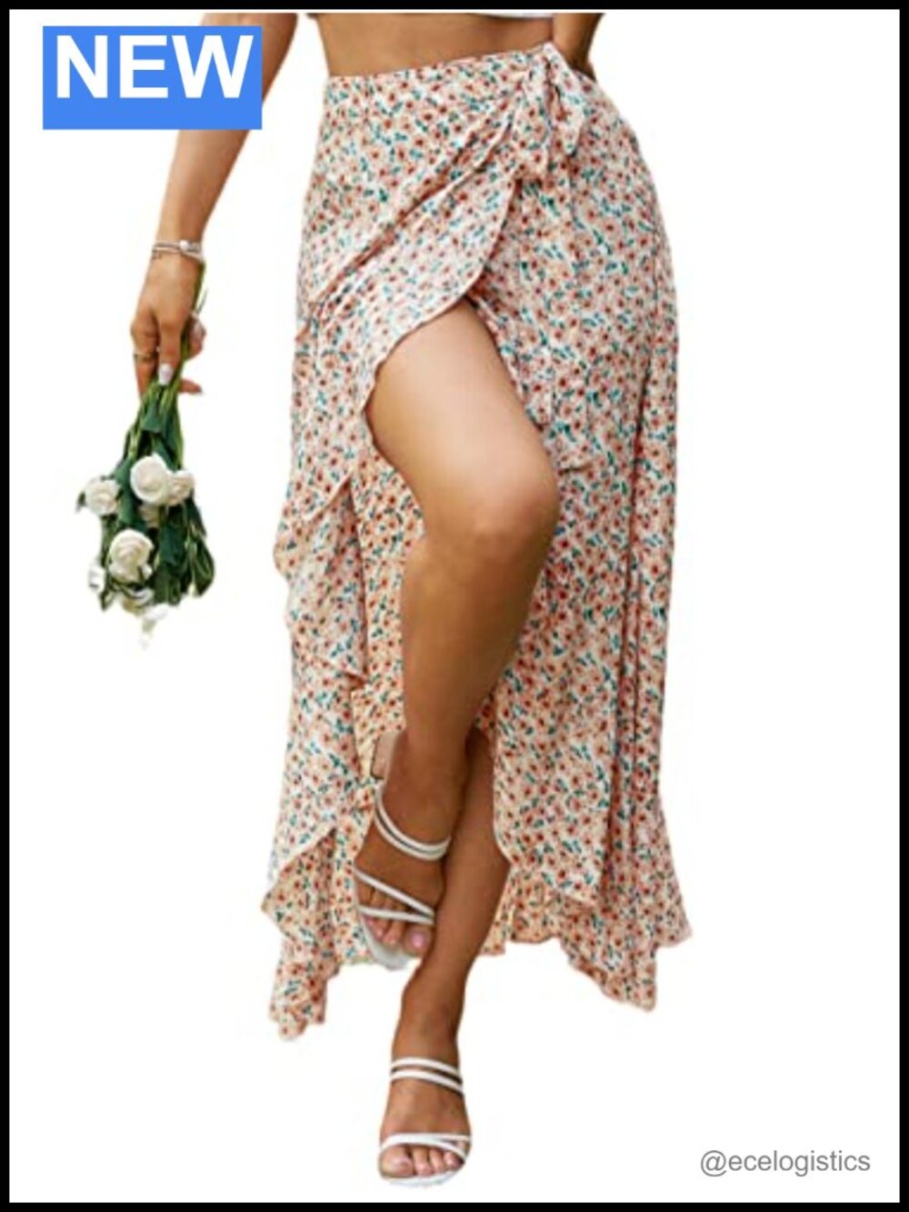 Boho Floral Wrap Maxi Skirt with Slit High Waisted Viscose